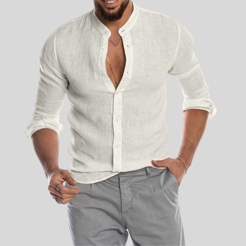 Men's Shirt - Slim Fit - Mandarin Collar - Light and Breathable Linen Blend - Long Sleeves