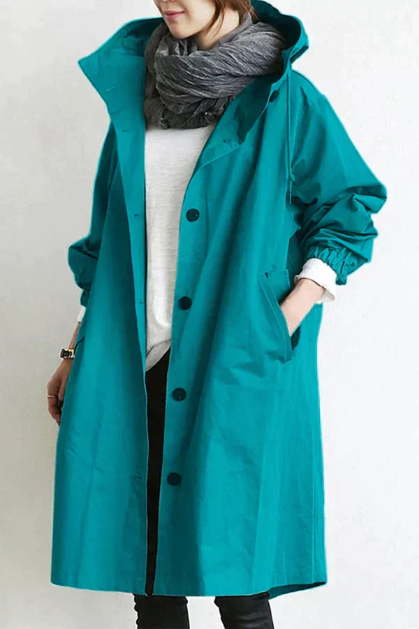 Dame Trenchcoat - Lang Passform - Hette og Knapper - Justerbare Mansjetter - Lommer