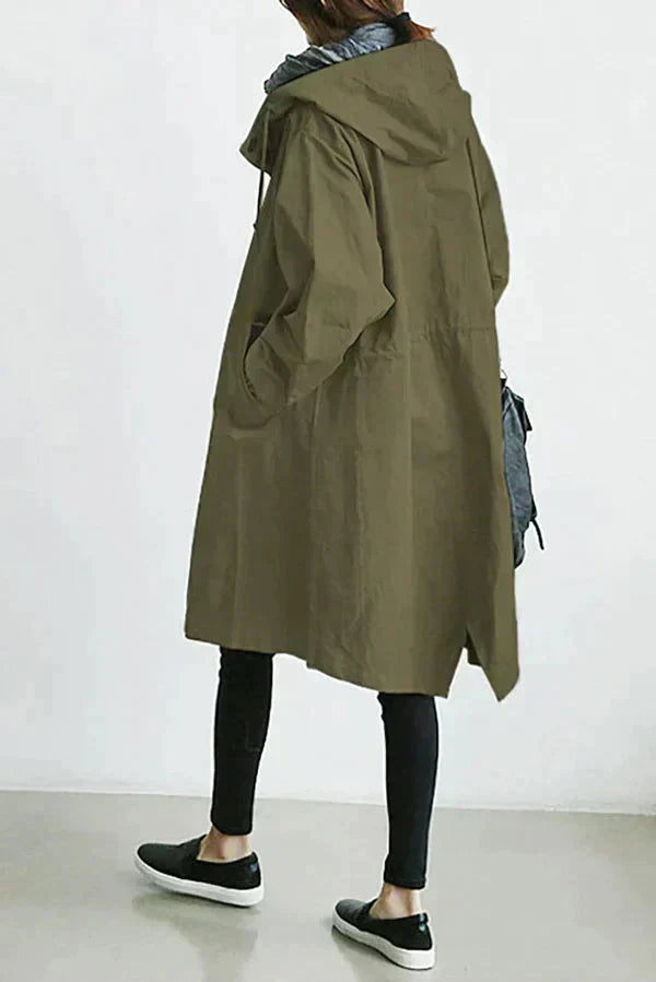 Dame Trenchcoat - Lang Passform - Hette og Knapper - Justerbare Mansjetter - Lommer