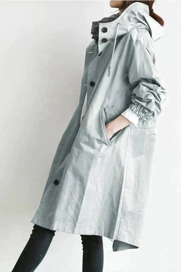 Dame Trenchcoat - Lang Passform - Hette og Knapper - Justerbare Mansjetter - Lommer