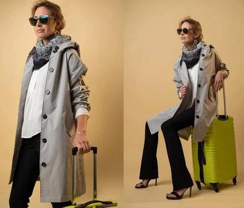 Dame Trenchcoat - Lang Passform - Hette og Knapper - Justerbare Mansjetter - Lommer