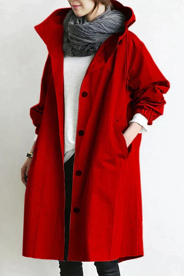 Dame Trenchcoat - Lang Passform - Hette og Knapper - Justerbare Mansjetter - Lommer