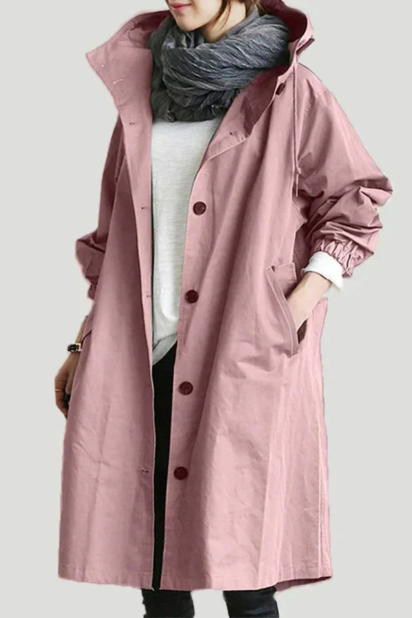 Dame Trenchcoat - Lang Passform - Hette og Knapper - Justerbare Mansjetter - Lommer