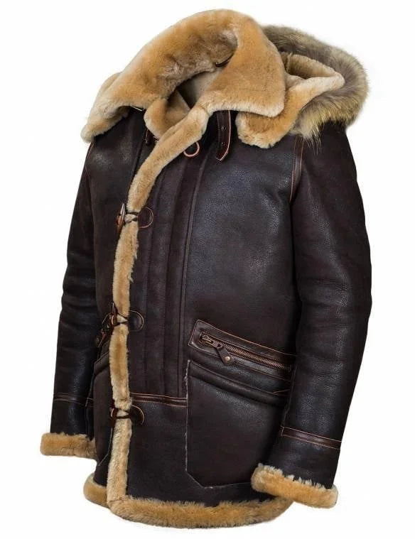 Men's Jacket with Hood – Leather Finish – Plush Lining – Toggle Closure – Relaxed Fit