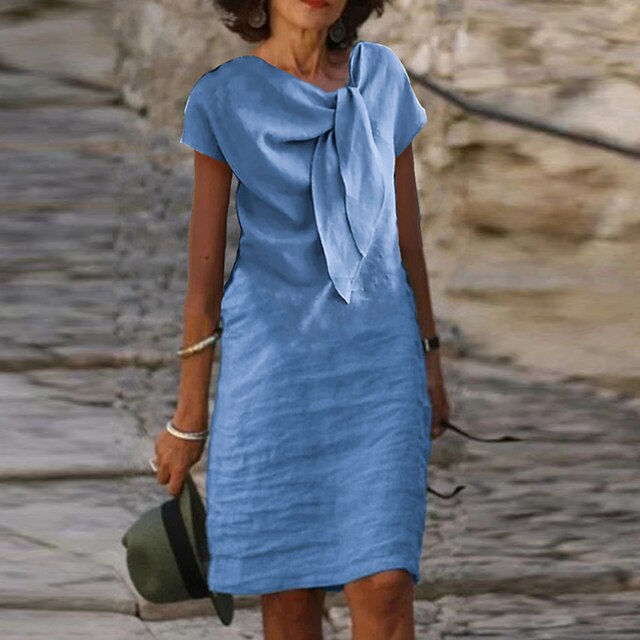 Dress for Women – Mini Length – Relaxed Fit – Short Sleeve – Statement Bow