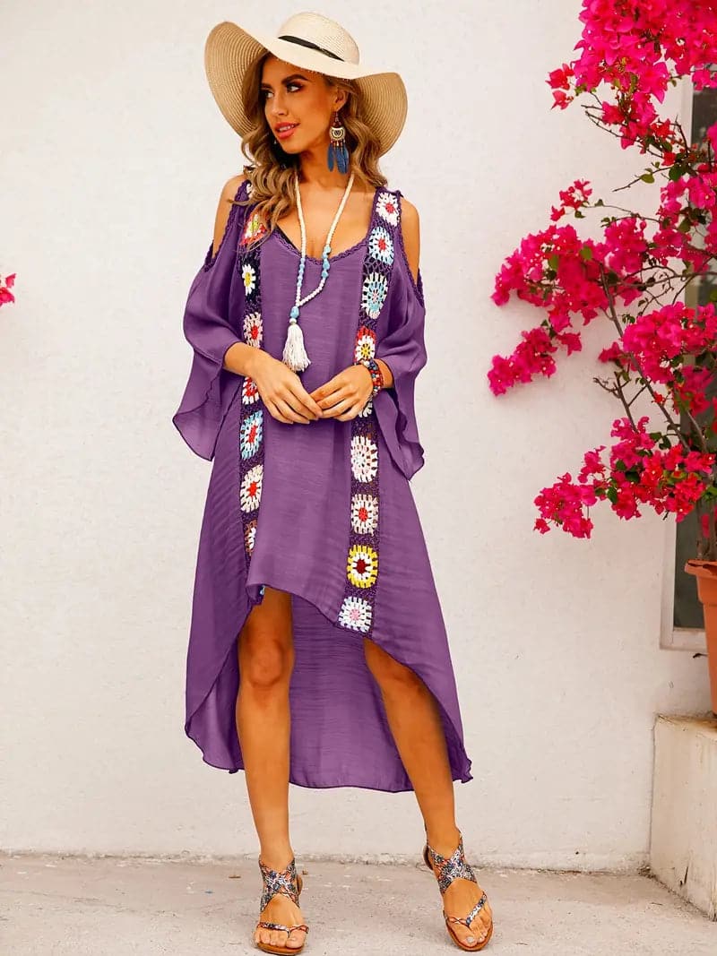 Dame Kjole – Kald Skulder – Blonder & Blomsterdetaljer – Løs Passform – Bohemsk Stil