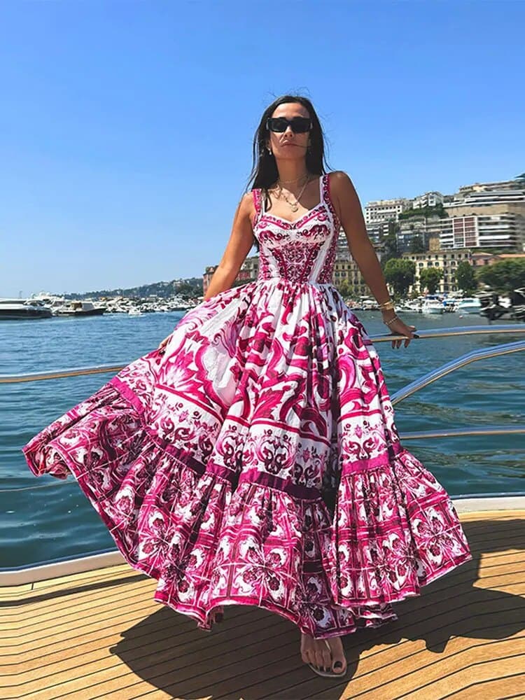Women's Dress - Sleeveless with Wide Straps - Flattering Fit - Patterned Flowy Skirt