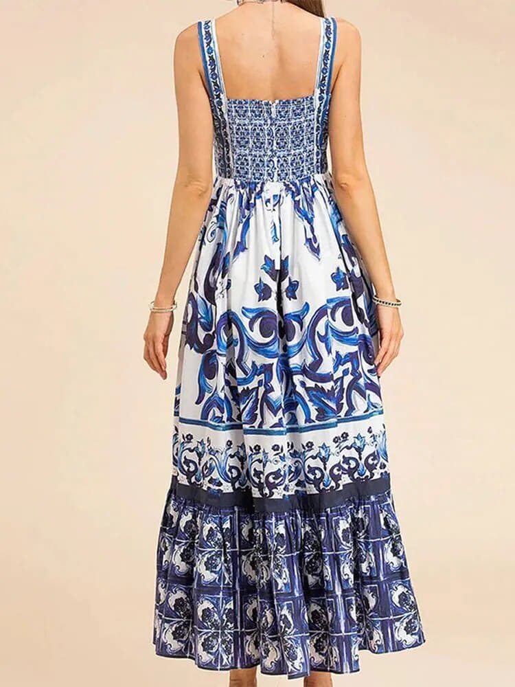 Women's Dress - Sleeveless with Wide Straps - Flattering Fit - Patterned Flowy Skirt