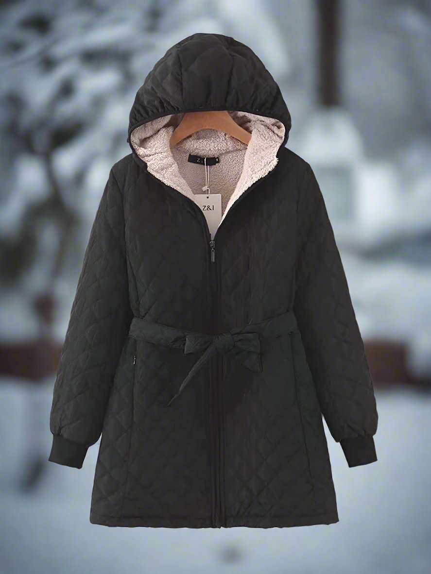 Women's Parka - Long Quilted Jacket with Hood - Padded and Lined - Tie Belt for Perfect Fit