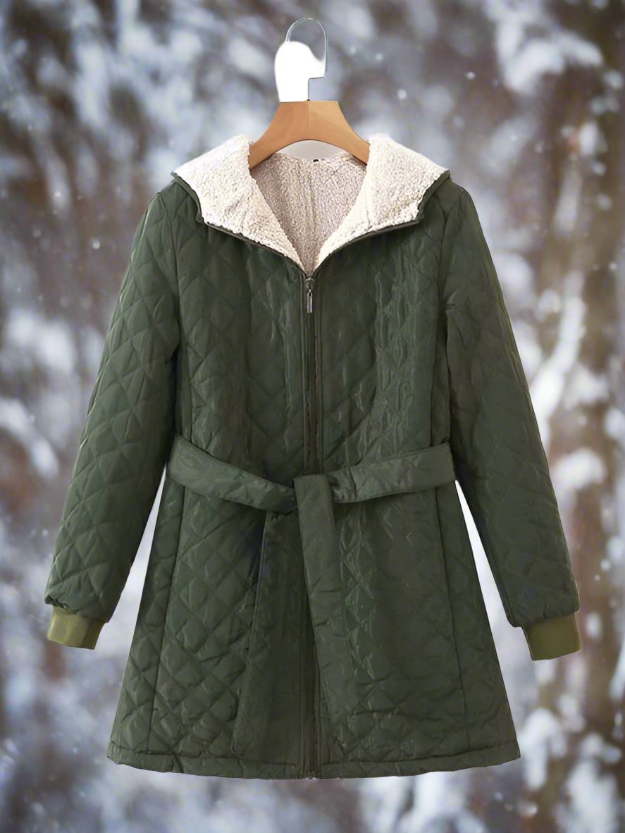 Dame Parkas - Lang Quilted Jakke med Hette - Vattert og Fôret - Knytebelte for Perfekt Passform