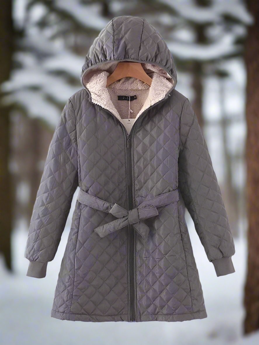Dame Parkas - Lang Quilted Jakke med Hette - Vattert og Fôret - Knytebelte for Perfekt Passform