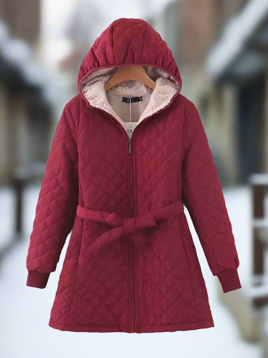 Dame Parkas - Lang Quilted Jakke med Hette - Vattert og Fôret - Knytebelte for Perfekt Passform