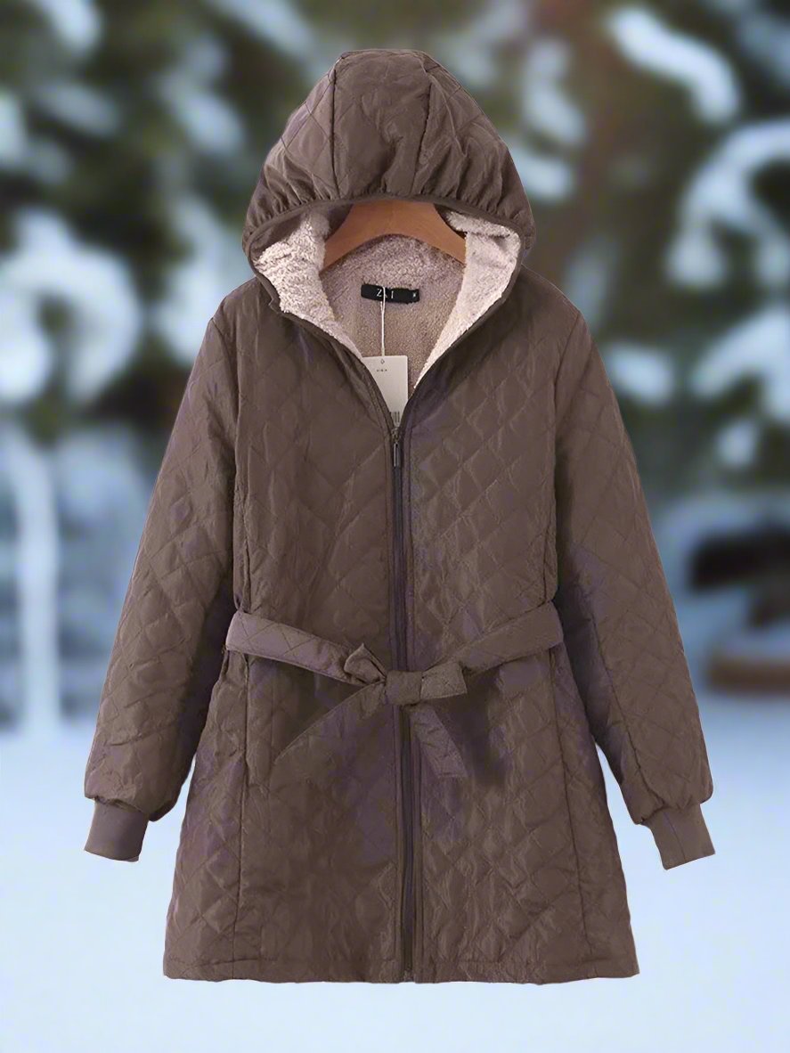 Dame Parkas - Lang Quilted Jakke med Hette - Vattert og Fôret - Knytebelte for Perfekt Passform