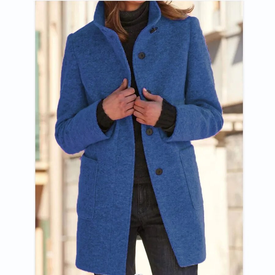 Women's Coat in Wool – Tailored Fit – High Collar – Button Closure – Thigh-Length