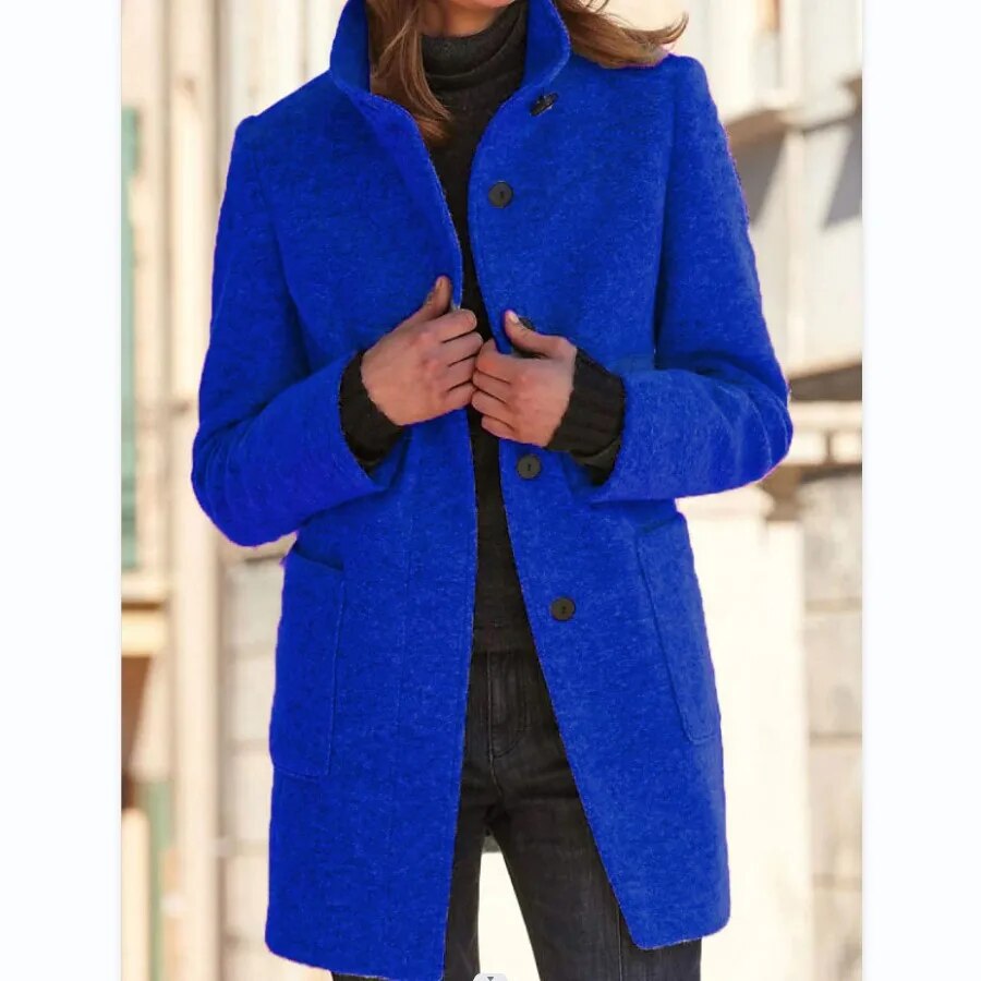 Women's Coat in Wool – Tailored Fit – High Collar – Button Closure – Thigh-Length