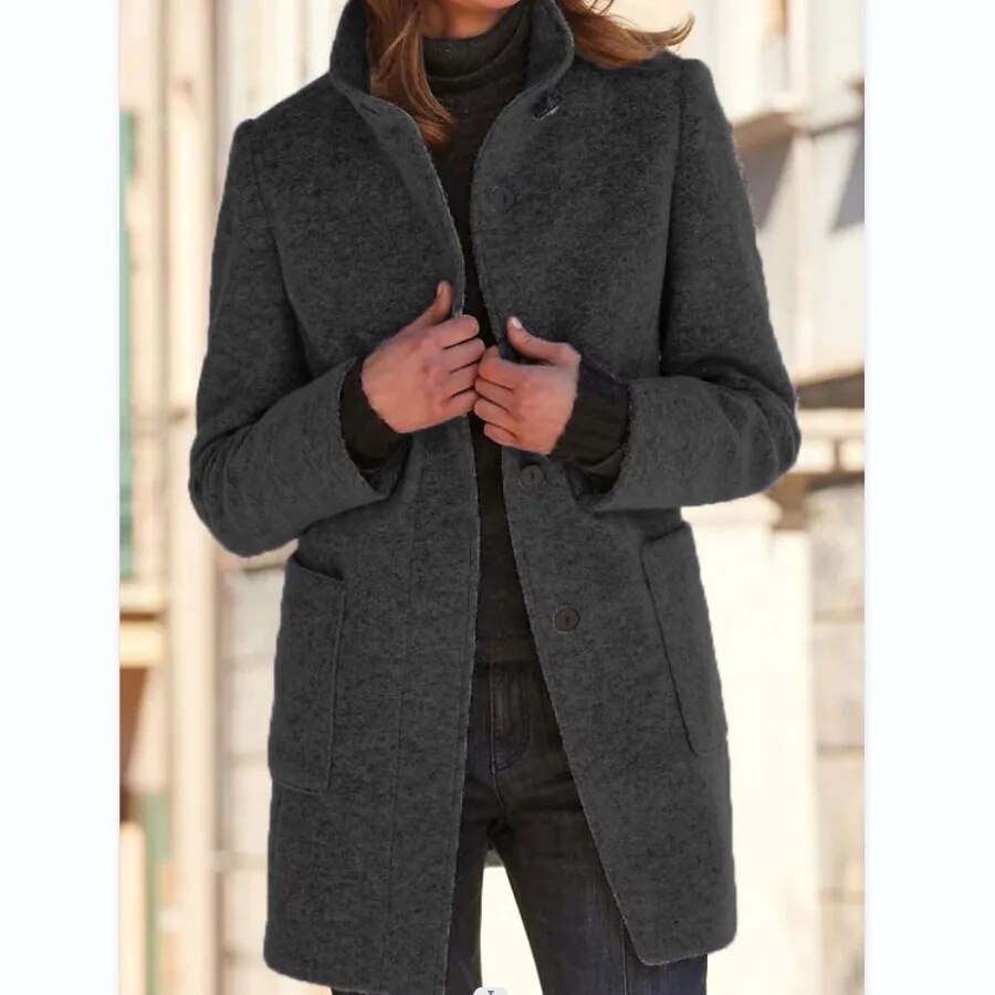 Women's Coat in Wool – Tailored Fit – High Collar – Button Closure – Thigh-Length