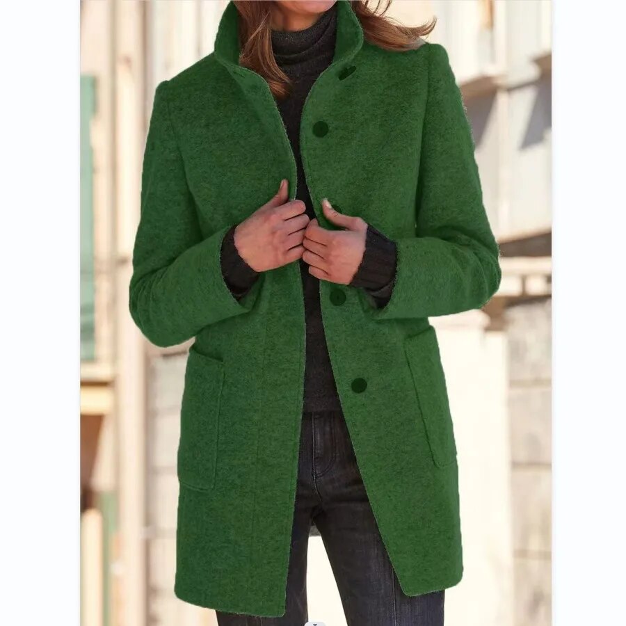 Women's Coat in Wool – Tailored Fit – High Collar – Button Closure – Thigh-Length