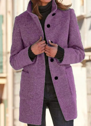 Women's Coat in Wool – Tailored Fit – High Collar – Button Closure – Thigh-Length