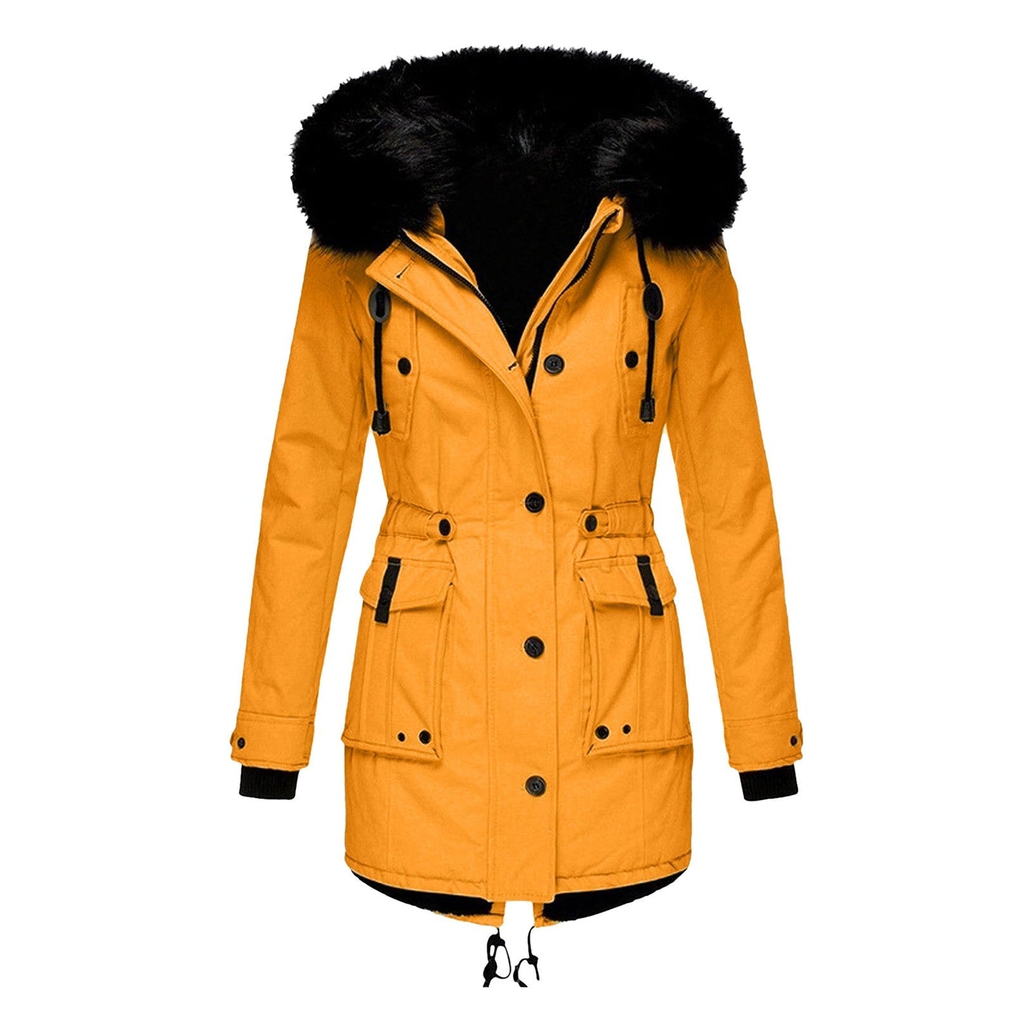 Women's Coat – Tailored Fit – Faux Fur Hood – Waist Drawstring – Mid-Length