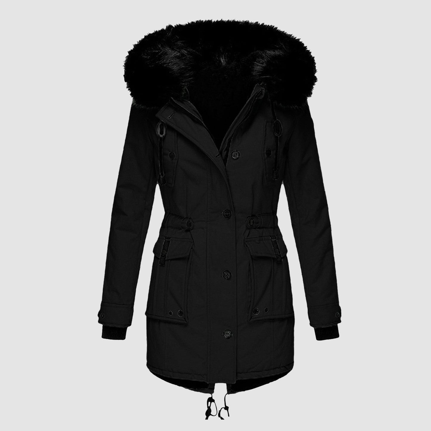 Women's Coat – Tailored Fit – Faux Fur Hood – Waist Drawstring – Mid-Length