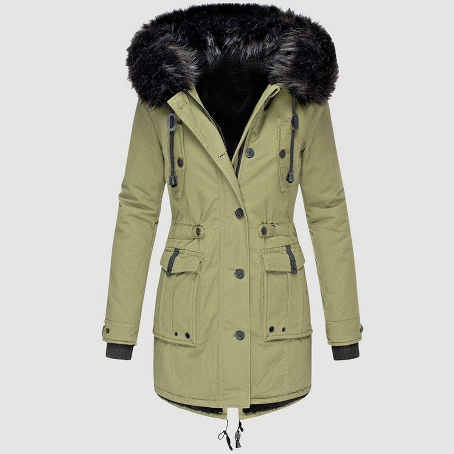 Women's Coat – Tailored Fit – Faux Fur Hood – Waist Drawstring – Mid-Length