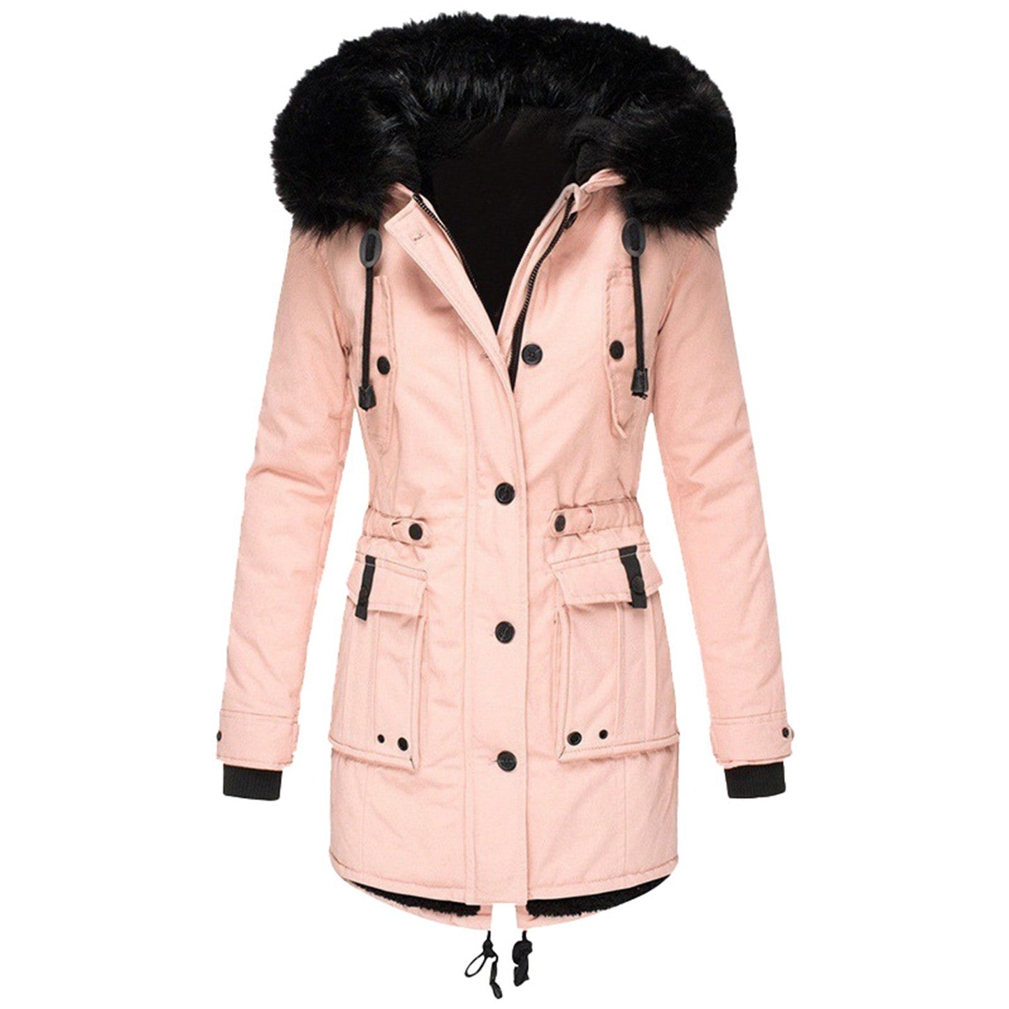 Women's Coat – Tailored Fit – Faux Fur Hood – Waist Drawstring – Mid-Length