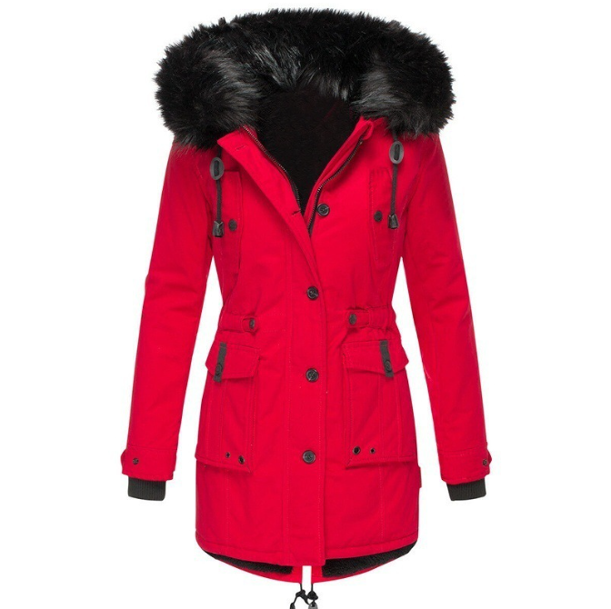 Women's Coat – Tailored Fit – Faux Fur Hood – Waist Drawstring – Mid-Length