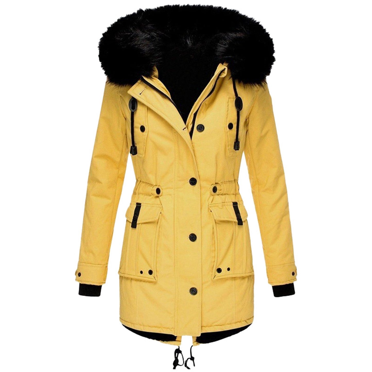 Women's Coat – Tailored Fit – Faux Fur Hood – Waist Drawstring – Mid-Length
