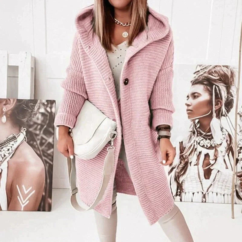 Women's Cardigan with Hood – Wool Blend – Relaxed Fit – Long Knitted Model