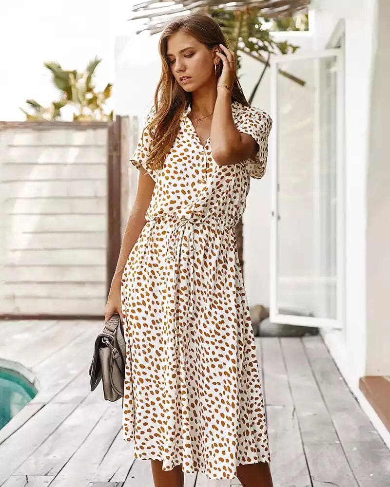 Women's Midi Dress – Short Sleeved – Loose Fit – Buttons and Adjustable Waist