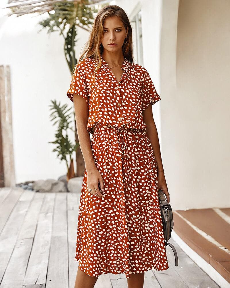 Women's Midi Dress – Short Sleeved – Loose Fit – Buttons and Adjustable Waist
