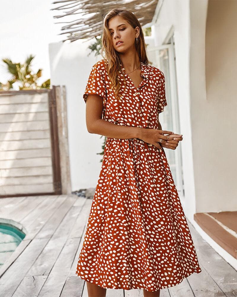 Women's Midi Dress – Short Sleeved – Loose Fit – Buttons and Adjustable Waist
