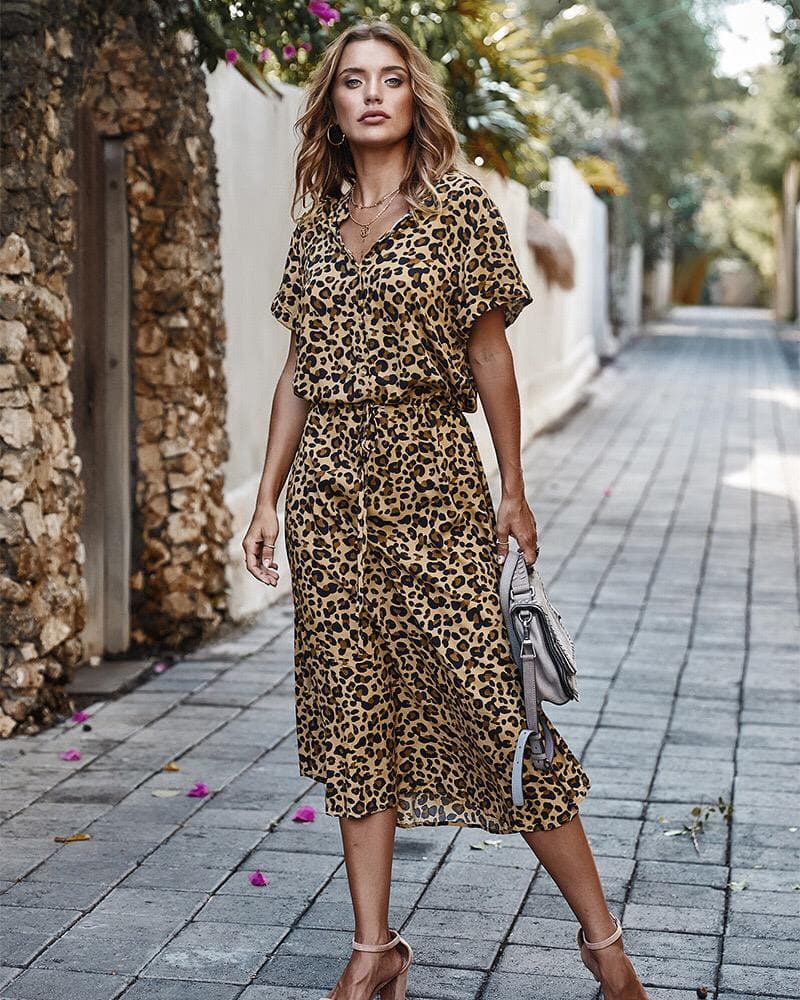 Women's Midi Dress – Short Sleeved – Loose Fit – Buttons and Adjustable Waist
