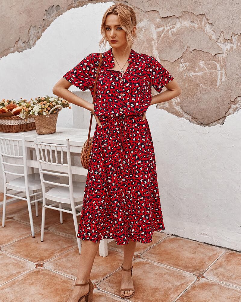 Women's Midi Dress – Short Sleeved – Loose Fit – Buttons and Adjustable Waist