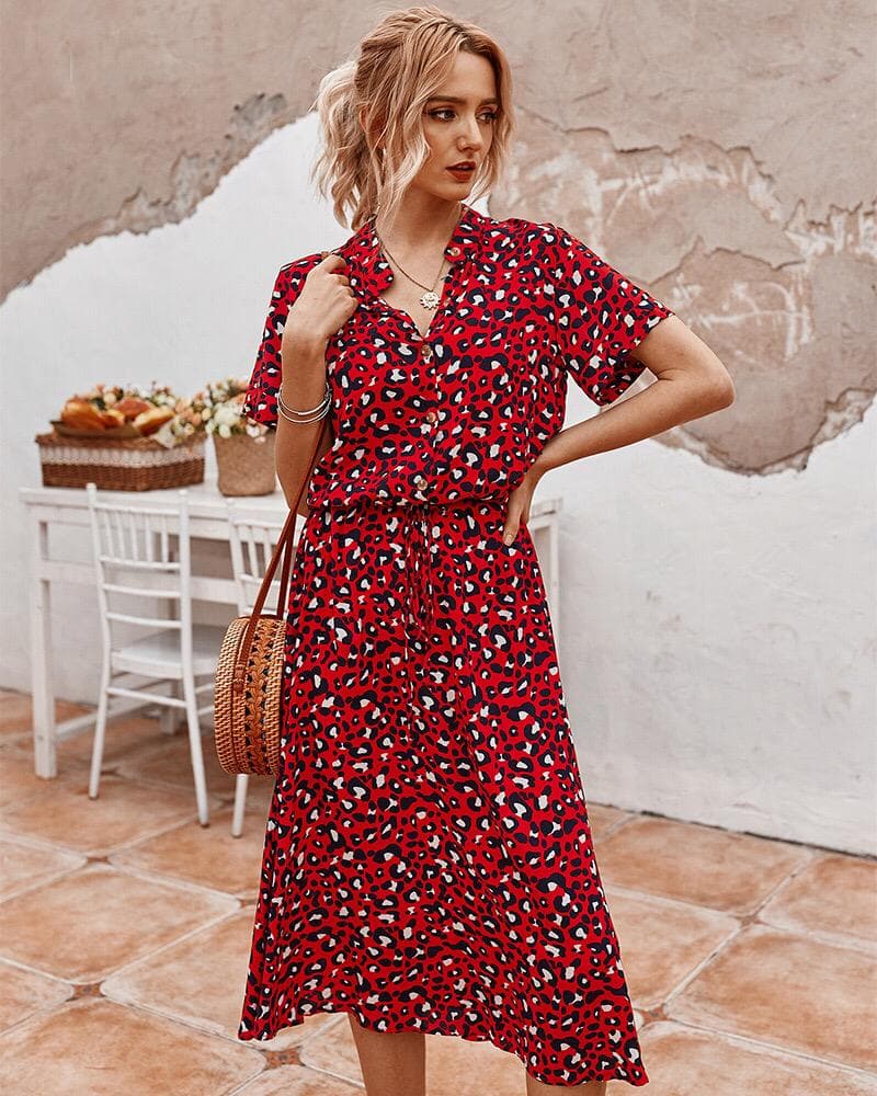 Women's Midi Dress – Short Sleeved – Loose Fit – Buttons and Adjustable Waist