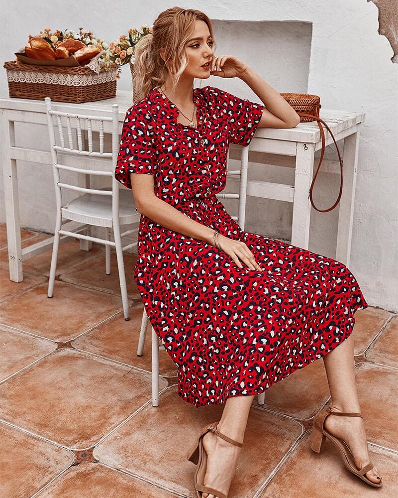 Women's Midi Dress – Short Sleeved – Loose Fit – Buttons and Adjustable Waist