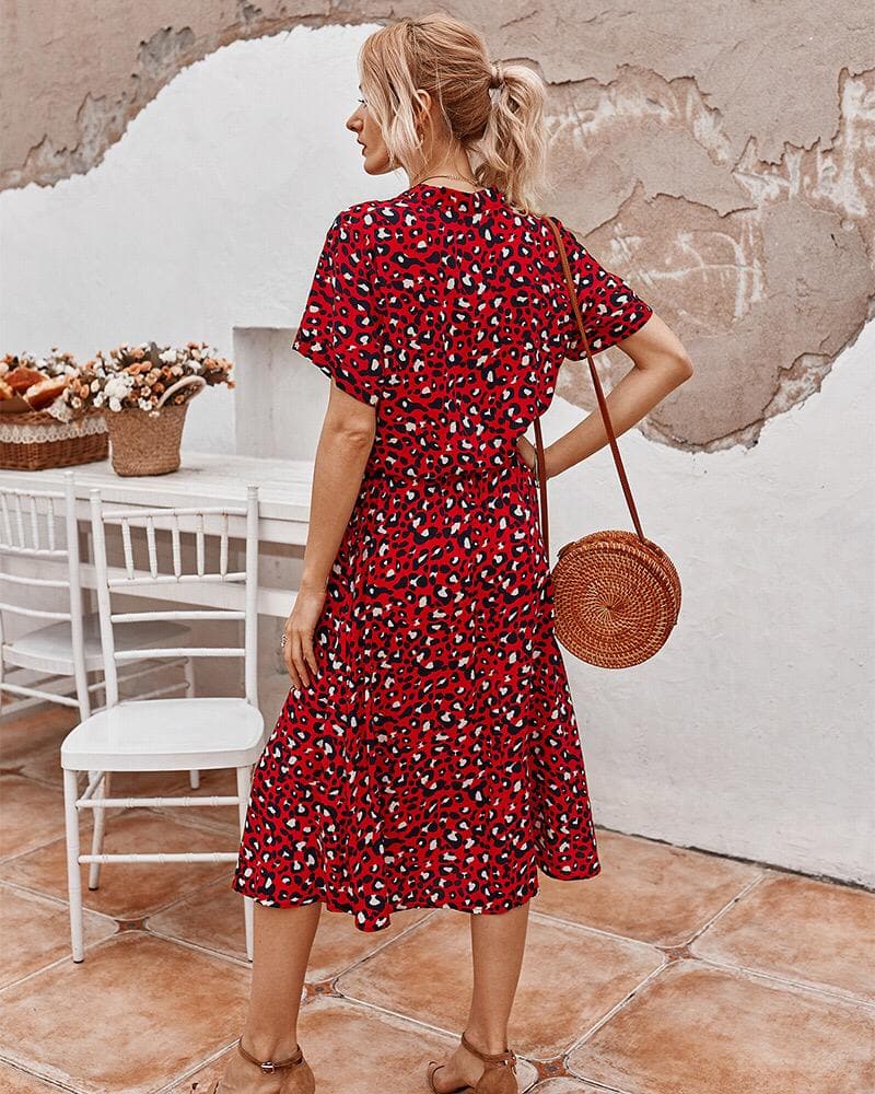 Women's Midi Dress – Short Sleeved – Loose Fit – Buttons and Adjustable Waist
