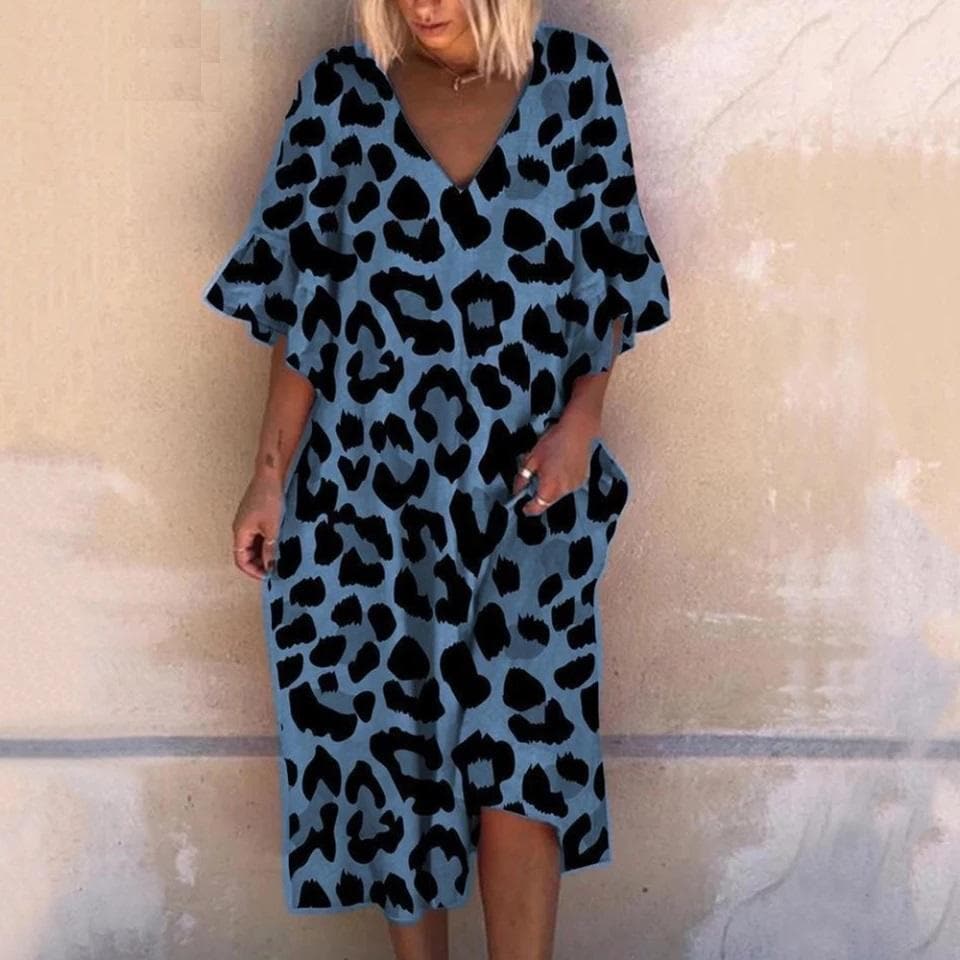 Women's Maxi Dress - Loose Fit - Deep V-Neck - Flattering Flowy Design - Animal Print