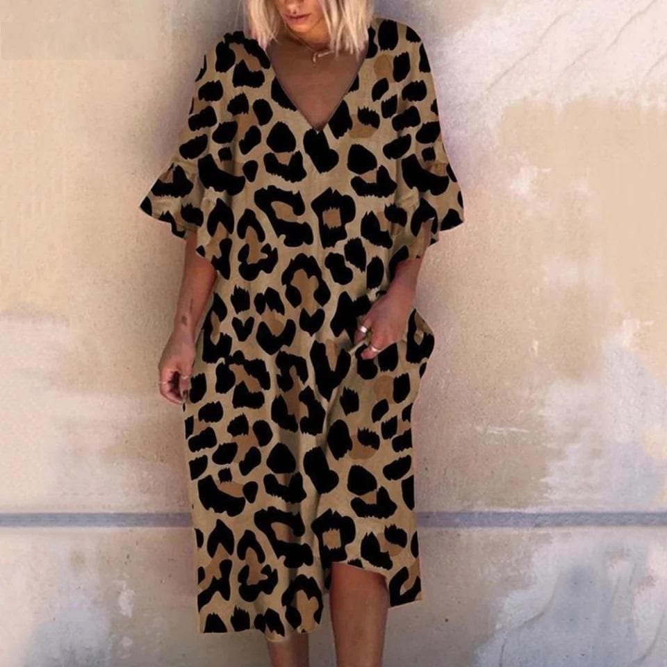 Women's Maxi Dress - Loose Fit - Deep V-Neck - Flattering Flowy Design - Animal Print