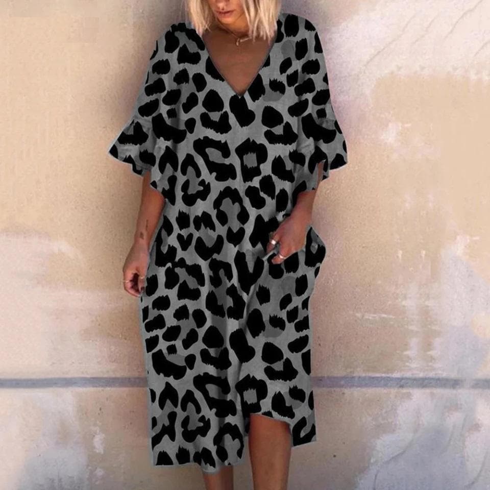 Women's Maxi Dress - Loose Fit - Deep V-Neck - Flattering Flowy Design - Animal Print
