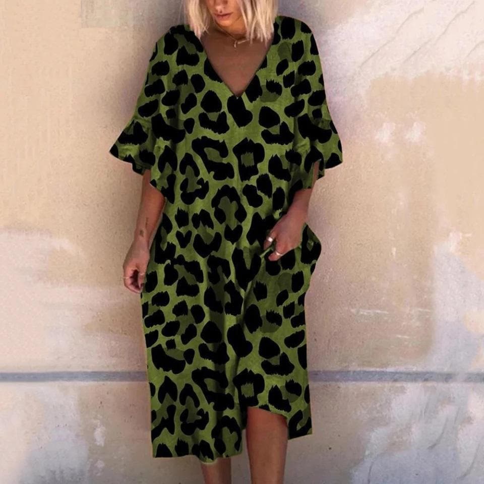 Women's Maxi Dress - Loose Fit - Deep V-Neck - Flattering Flowy Design - Animal Print
