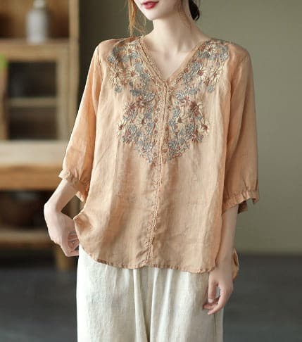 Women's Blouse - Embroidered V-neck - Light and Airy - 3/4 Sleeves - Comfortable Fit