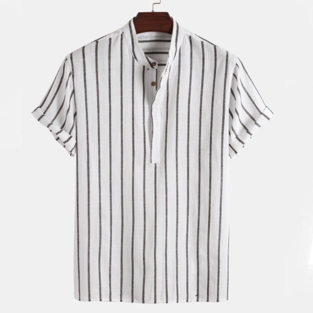 Men's Shirt - Vertical Stripes - Mandarin Collar - Short Sleeve - Breathable Cotton/Linen
