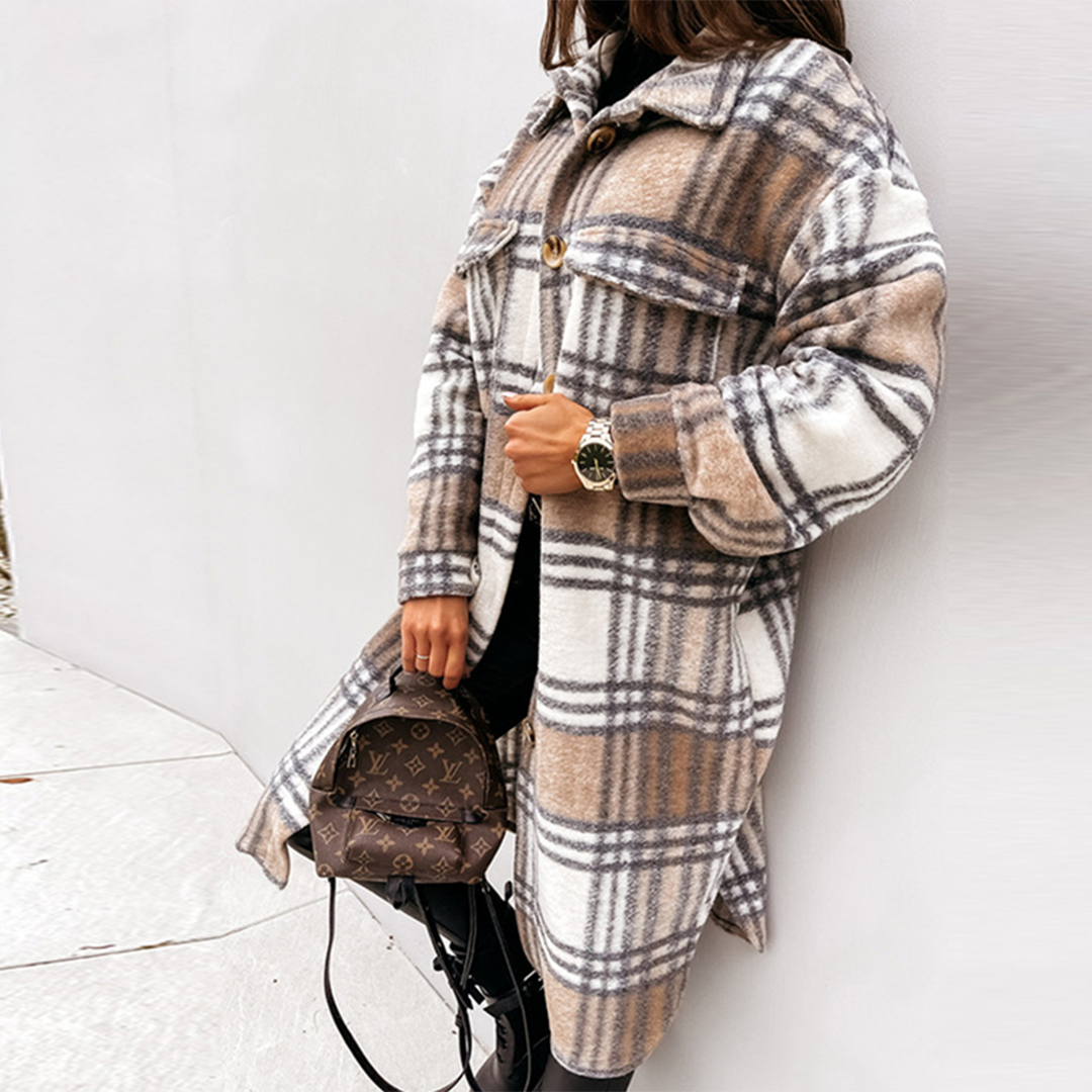 Women's Long Coat – Wool Blend – Oversized Fit – Check Pattern – Button Closure