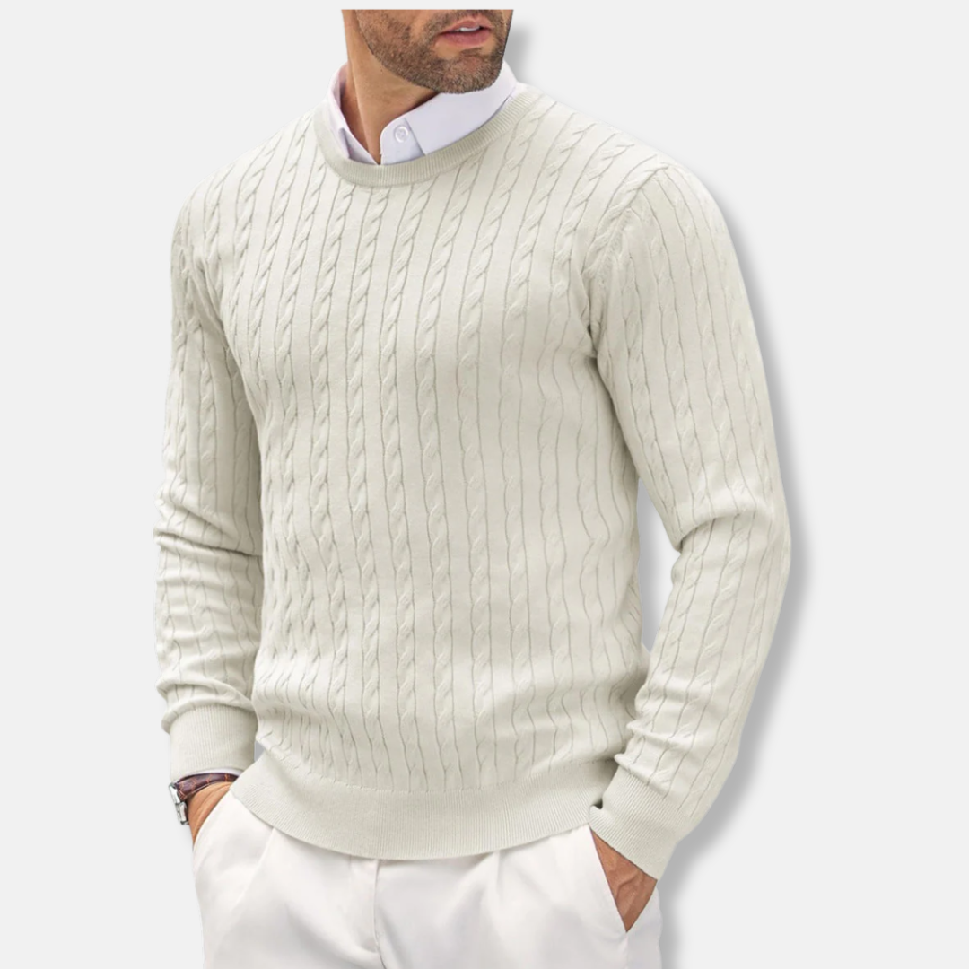 Men's Sweater – Slim Fit – Fine Knit – Round Neck – Cable Knit Structure