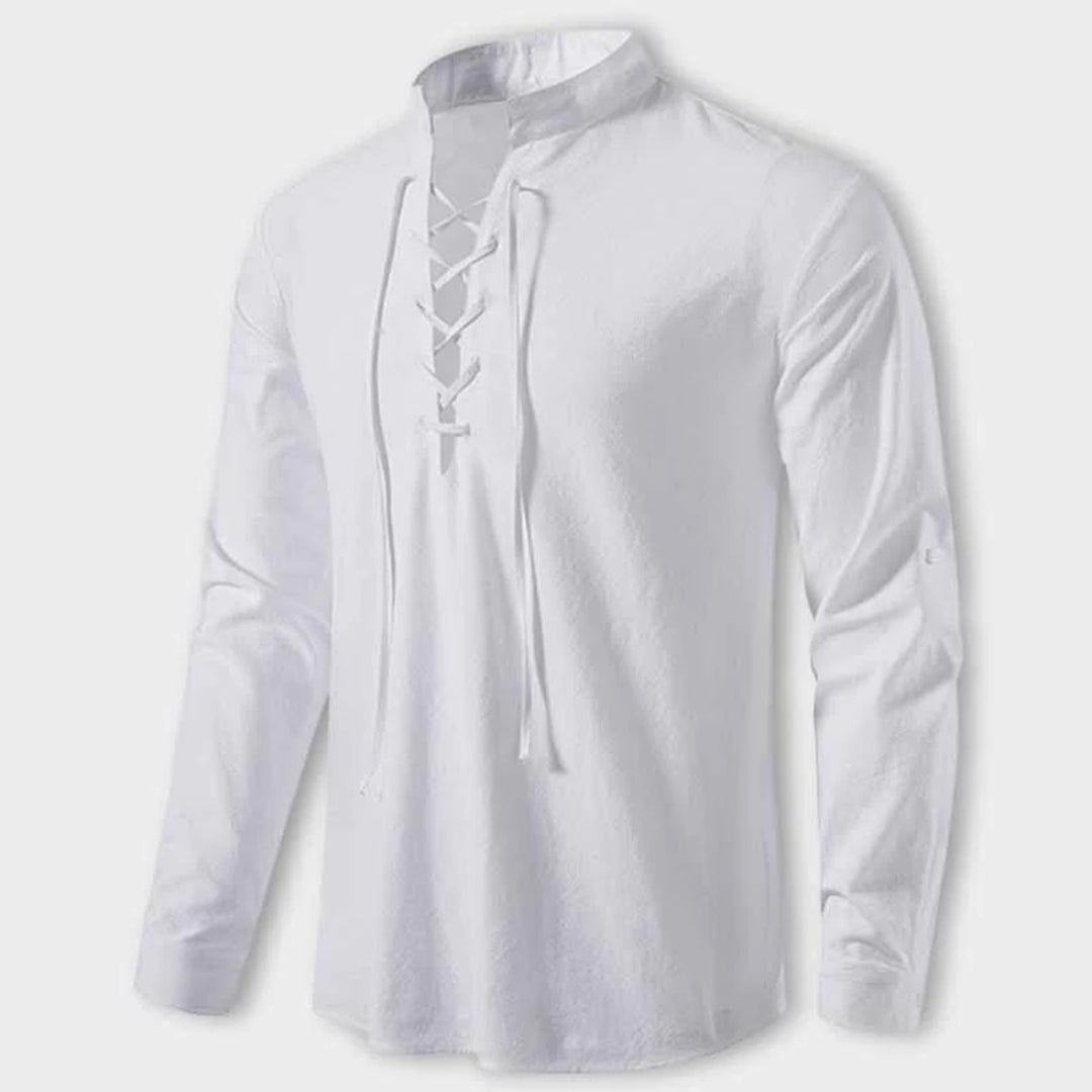 Men's Shirt – Long Sleeve with Lace Details – Mandarin Collar – Relaxed Fit