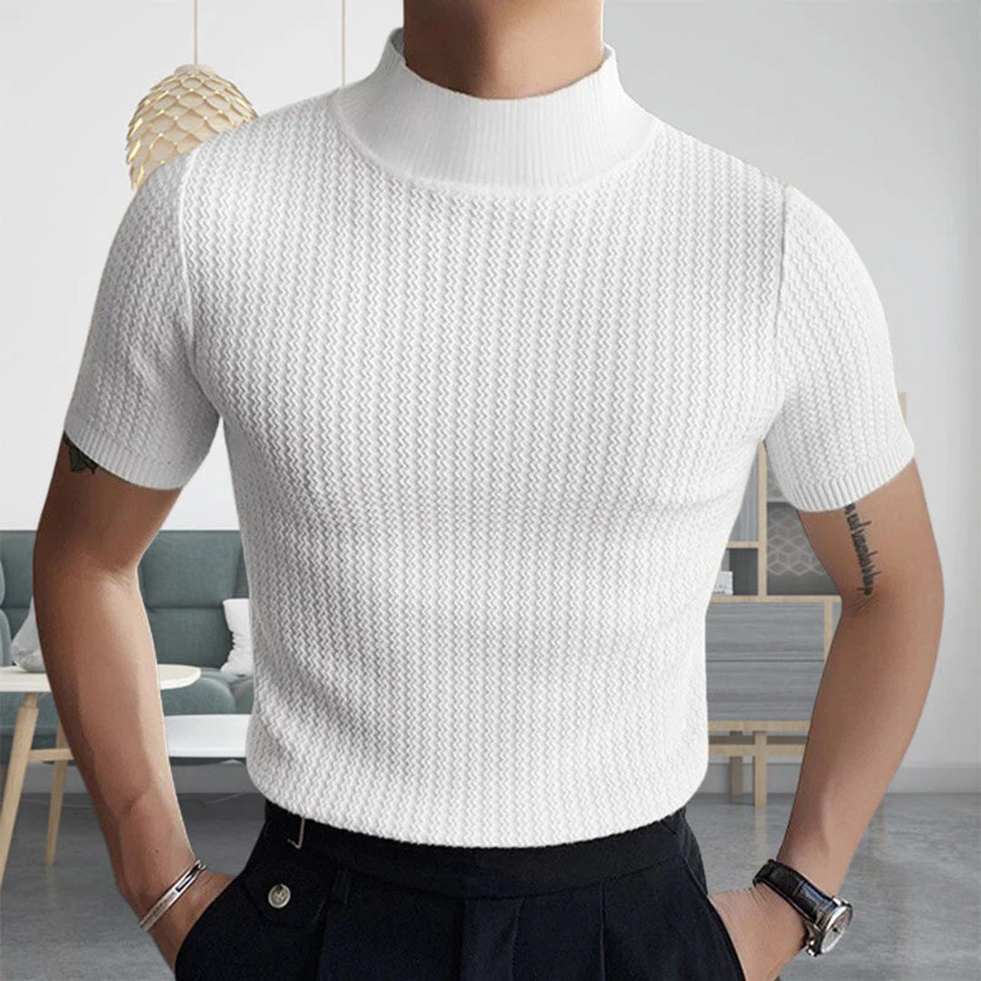 Men's High-Neck Sweater - Knitted Texture - Slim Fit - Short-Sleeved