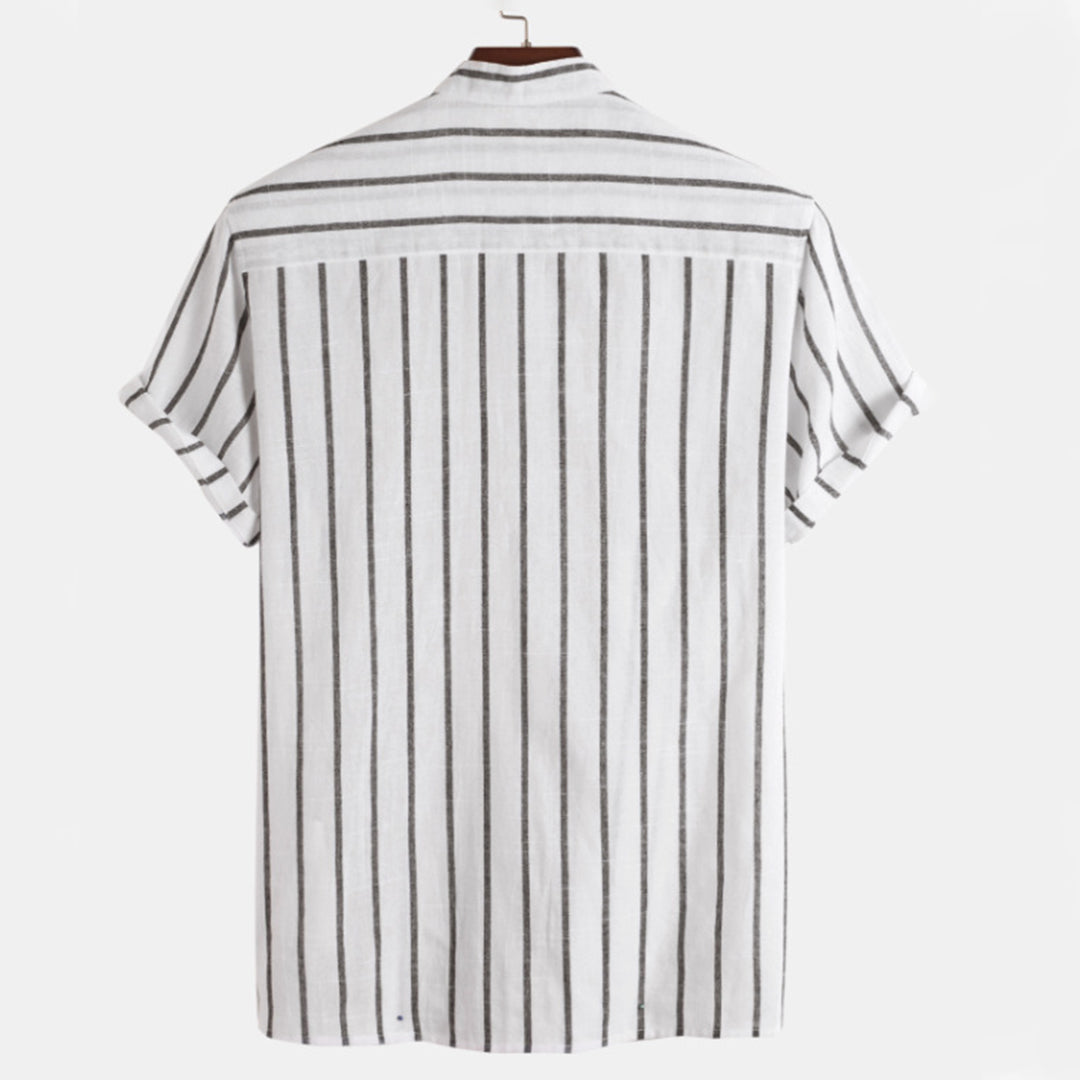 Men's Shirt - Vertical Stripes - Mandarin Collar - Short Sleeve - Breathable Cotton/Linen