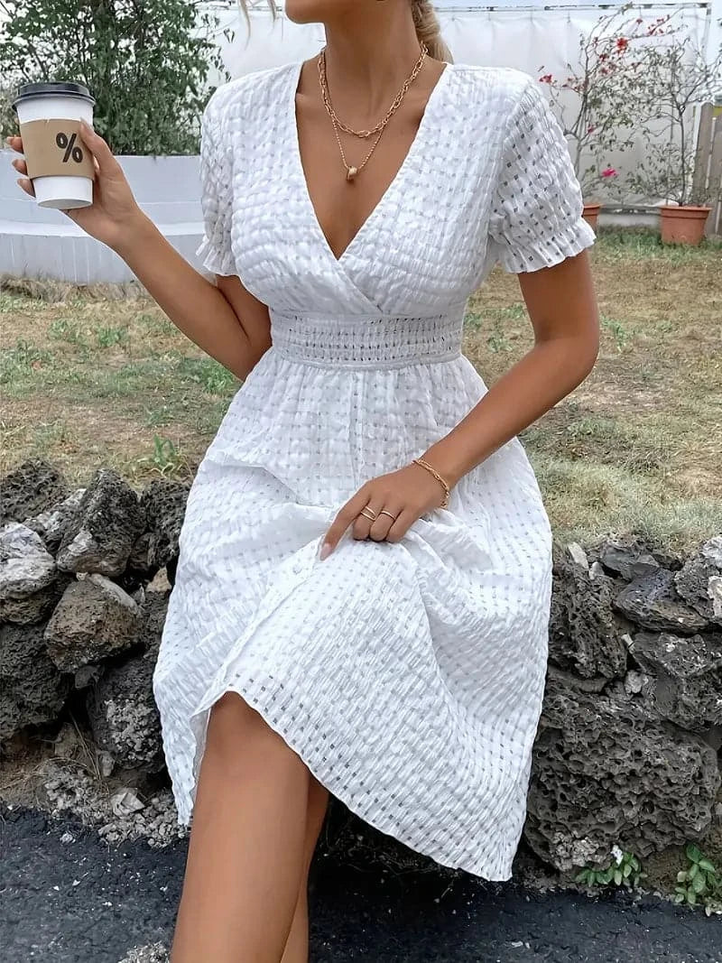 Dress for Women – V-neck Wrap Design – Short Sleeve – Elastic Waist – A-line Cut