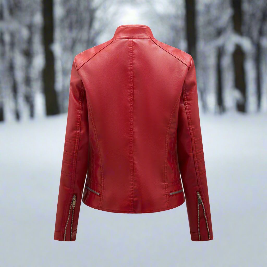 Women's Leather Jacket - Biker Style - Zipper Closure - Stand Collar - Slim Fit